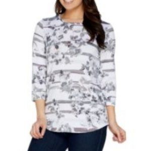 Denim & Co Heavenly Jersey Floral Stripe Print Hi-Low Hem Top 7287